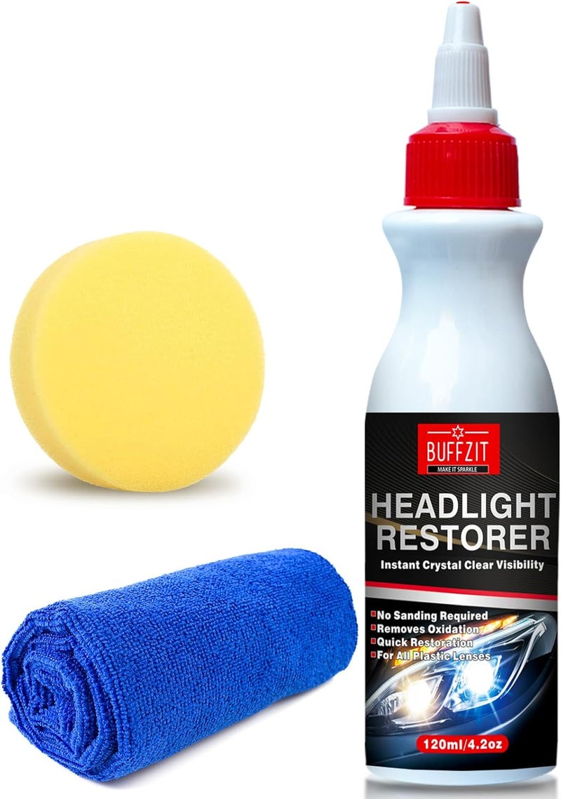 BUFFZIT Store طقم تنظيف واستعادة المصابيح الأمامية، يزيل الأكسدة، الاصفرار، والضبابية على الفور - يستعيد وضوح المصابيح الأمامية كما لو كانت جديدة، منظف سهل الاستخدام لجميع مصابيح السيارات، 4.2 أونصة سائلة / 120 مل - Image 1